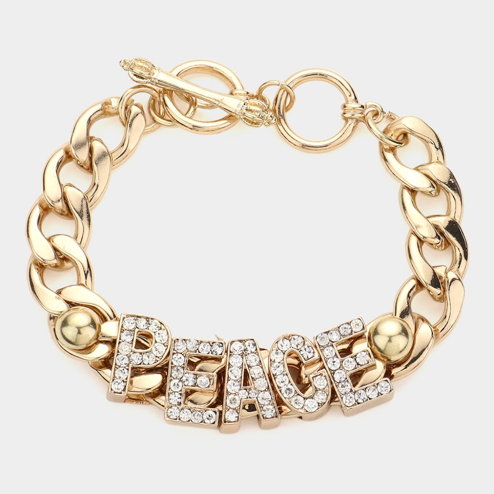 Gold Crystal PEACE Chain Link Bold Metal Toggle Message Word Charm Bracelet